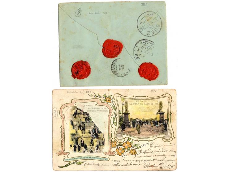 "TOR 4 V 00", 3 strikes on 1884, 1 pia. blue on postal stationery letter-sheet 1 pia. grey as registered letter to Alexandria