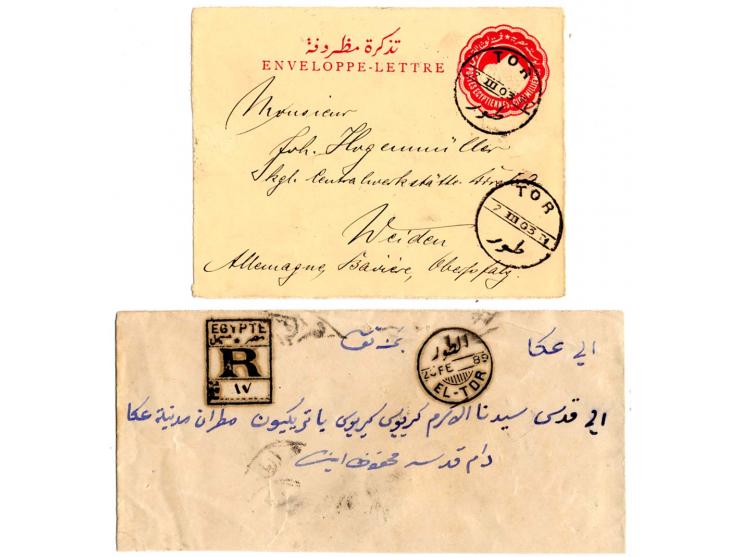 "TOR 4 V 00", 3 strikes on 1884, 1 pia. blue on postal stationery letter-sheet 1 pia. grey as registered letter to Alexandria