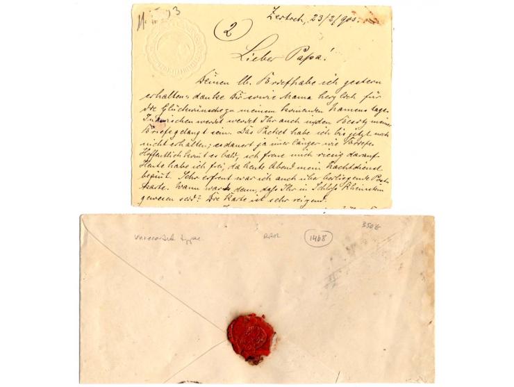 "TOR 4 V 00", 3 strikes on 1884, 1 pia. blue on postal stationery letter-sheet 1 pia. grey as registered letter to Alexandria