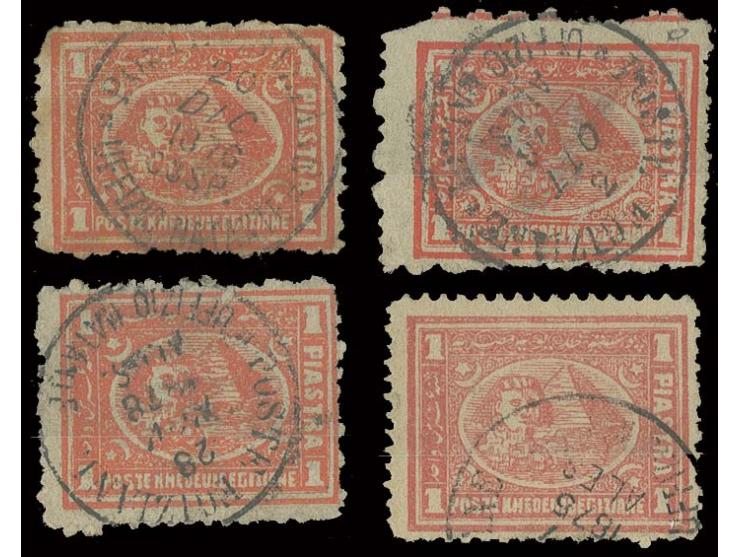 "POSTE EGIZIANE UFFIZIO NATANTE COSP." resp. "ALES" in 2 different types on 4 copies 1872/75, 1 pia. red, small faults