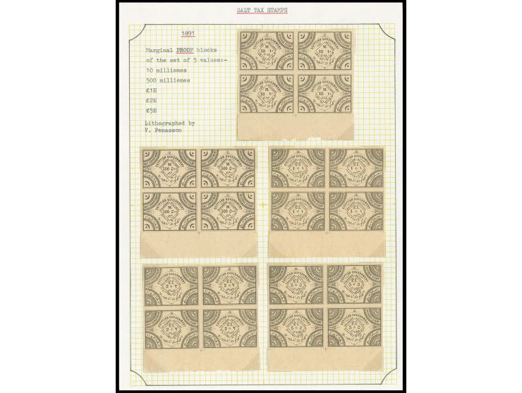 REVENUE STAMPS: 1891, Salt Tax, imperforated proof blocks of 4, 10 m.- 5 l., lithographed by Penasson
