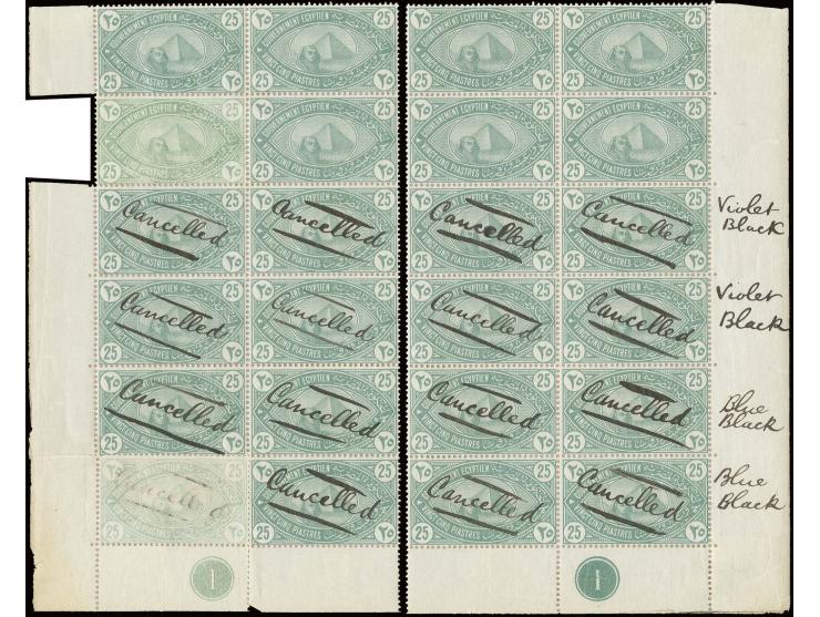 25 pia. green, block of 12, block of 11 and single stamp, partly unused, partly with manuscript "Cancelled" and partly attemp