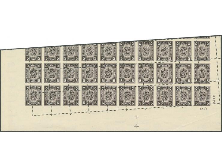 1939/40, 1 m. green in block of 10 and 5 m. in black and violet, each in block of 30, all with oblique perforation, unhinged 