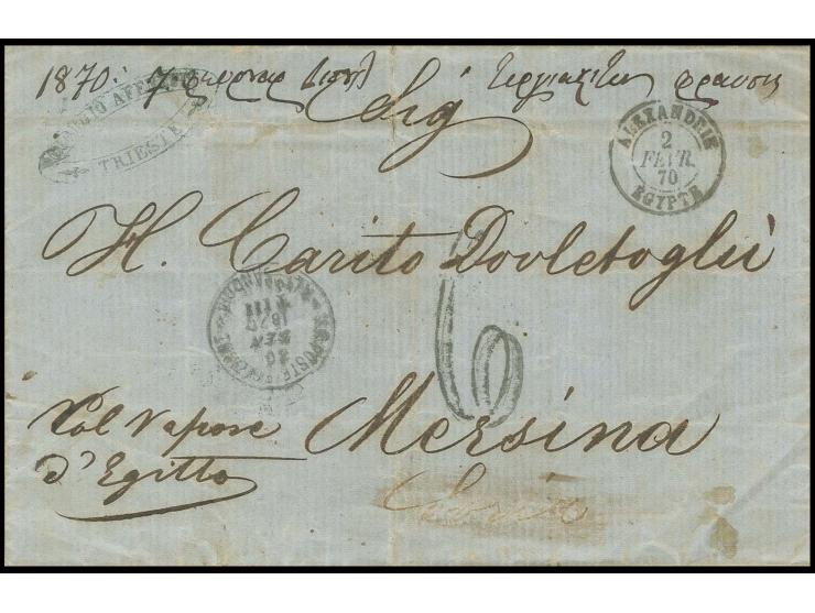 MISCELLANEOUS ITEMS: 1870, folded letter from Triest sent by "col Vapore D'Egitto" to Messina with black taxstamp "6" on fron