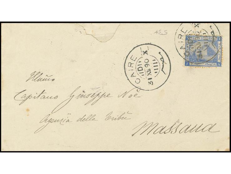 "AMBULANT SUEZ" and boxed "SUEZ SERVIZIO ITALIANO 4 GEN 90" on reverse of cover franked with 1884 1 pi.a blue from Cairo to M