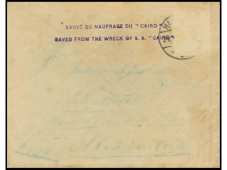 "SAVED FROM THE WRECK OF S.S. "CAIRO"" two-line violet cachet in english and french on formerly franked cover from Hamburg to