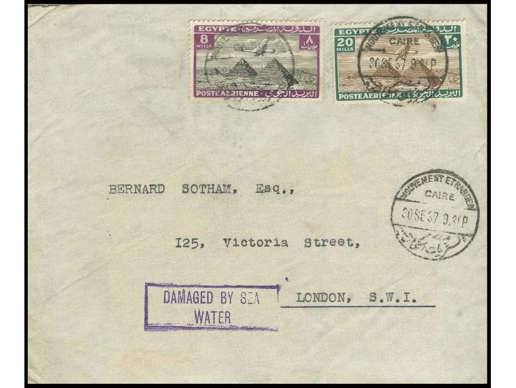 "DAMAGED BY SEA WATER" boxed violet cachet on cover franked with 1933, airmail 8 and 20 m. from Cairo to London, reverse with