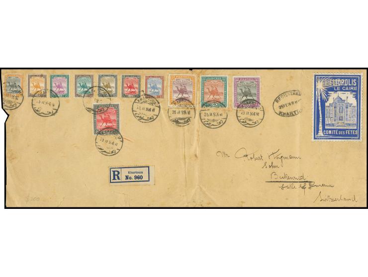 1924, "HELIOPOLIS LE CAIRE / COMMITTEE DES FETES", blue label on large size registered envelope from "KHARTOUM 25.II.924" fra