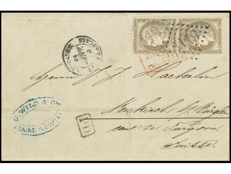 FRENCH POST OFFICES: 1871/75, Ceres 30 c. bistre brown vertical pair used on entire letter from Cairo to Switzerland, tied by
