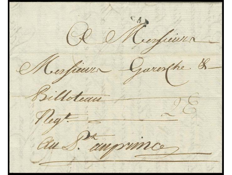 1781, "CAP", small straight-line on entire letter to Port-au-Prince and 1783, "COLONIES", somewhat unclear bowed cancel on en