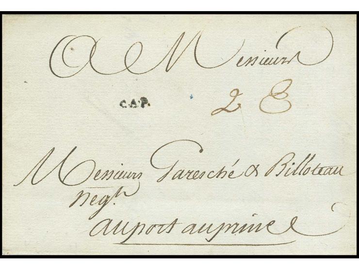 "CAP", small straight and "PT-GOAVE", straight lines on 2 entire letters to Port-au-Prince, the second horizontal filing crea