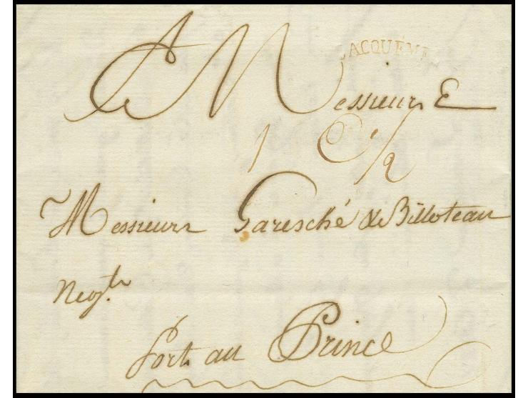 "LACQUEMEL", in brown, good strike on entire letter to Port-au-Prince, very scarce