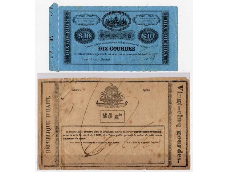 1827, bank notes 10 gourdes on blue paper, perforated all around and 25 gourdes on white paper (left part torn off and repair