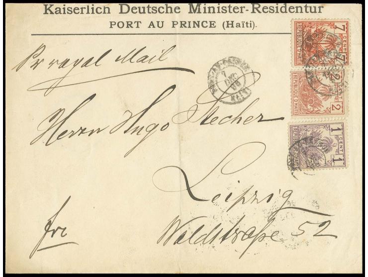 1893, 1 c. violet, 7 c. red with 1896, 2 c. brown, tied to envelope to Germany with transit and arrival marks on reverse; cov