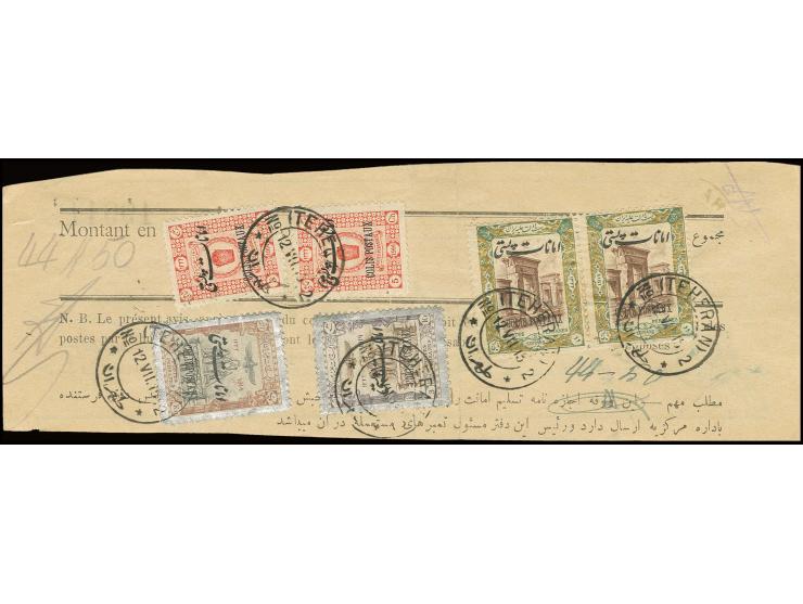 5 ch. (2) with 1 kr., 3 kr. and pair 2 t. tied to Barnameh from Teheran to Hamadan, 3 kr. crease, otherwise fine