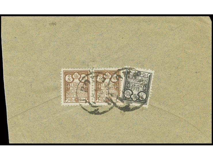 1891, 1 ch. black and 2 ch. brown in horizontal pair tied to reverse of small cover from Boushir to Shiraz, fine