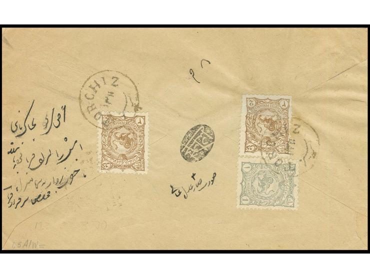 1897, 1 ch. grey and 2 copies 2 ch. brown, tied by positive seal with cancel "TORCHIZ 13 11" to reverse of cover