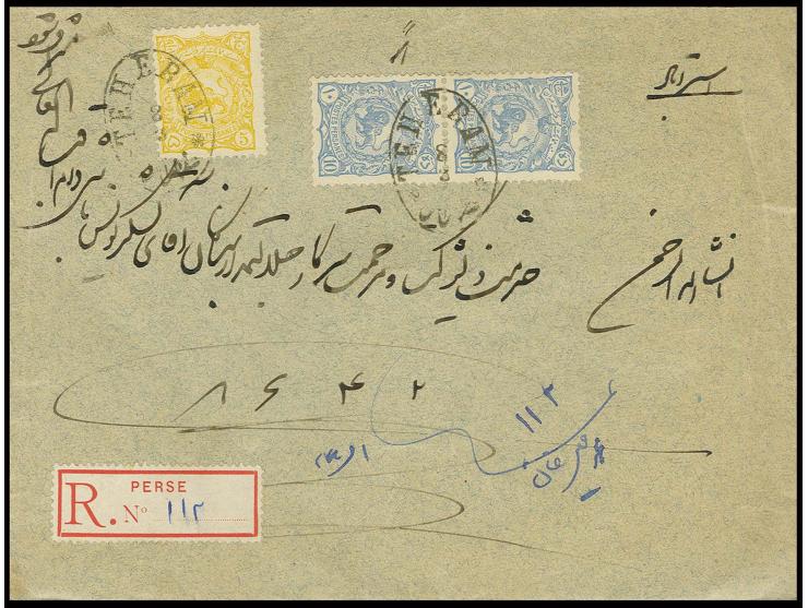 5 ch. yellow and vertical pair 10 ch. blue, tied by small oval Teheran cds. to registered envelope with register label to Ast