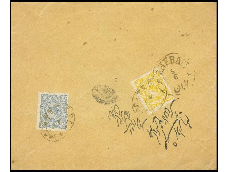lion 5 ch. yellow and 10 ch. blue, tied by small oval cds. "TEHERAN" to reverse of cover to Astrabad