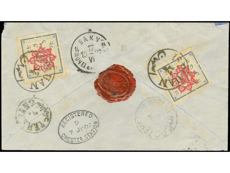 12 ch. ultramarine, two copies, tied by Ispahan cds. to reverse of registered envelope via Teheran and Baku to England with s