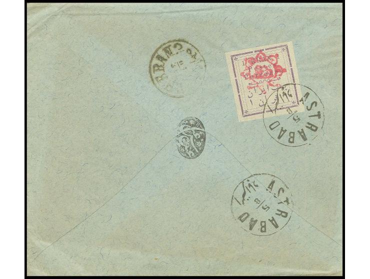 1 kr. tied by cds. "ASTRABAD 5/8" to reverse of registered cover to Teheran with register label on front