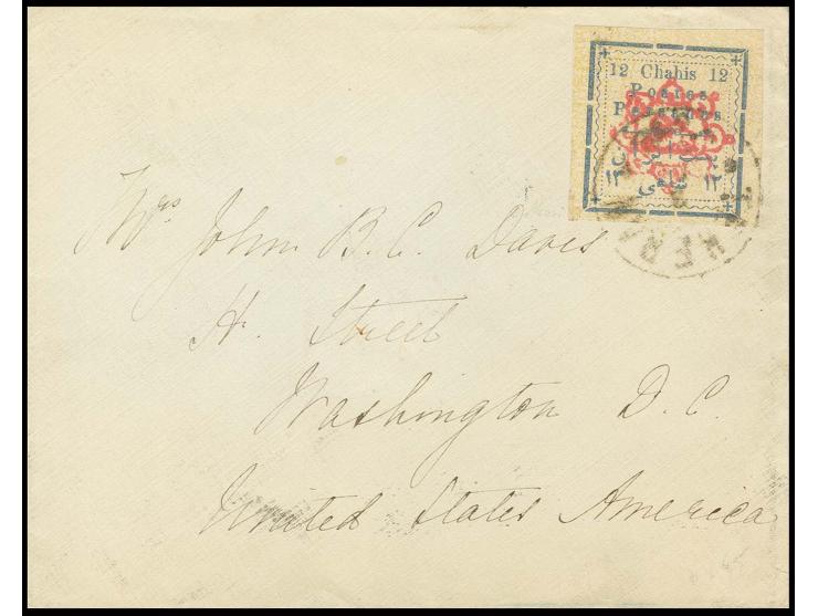 large and small letters: 12 ch., tied by Teheran cds. to front of cover via Baku to Washington D.C. with transit and arrival 