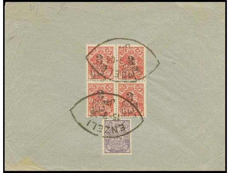 1904, 3 CHAHIS on 5 ch. red, block of 4 together with lion 1 ch. violet, tied by shield postmark "ENZELI 10-3-06" to reverse 