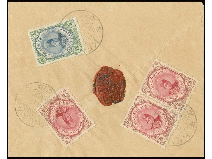 1911, Ahmed Schah 5 ch., horizontal pair and single, and 12 ch. tied to reverse of illustrated registered cover of the teleph