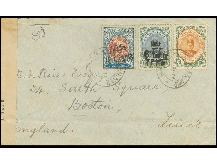 1917, Ahmed Schah 6 Chahis on 12 ch. and lion 5 Chahis on 13 ch. with Ahmed Schah 1 ch. used on censored cover from Teheran t