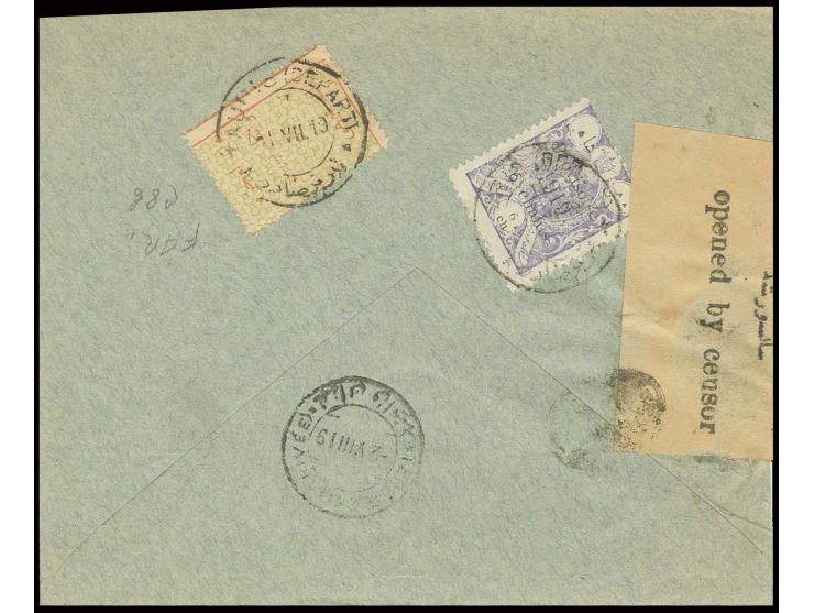 1919, provisional issue 6 ch. violet and Tauris famine relief 1 ch. with error "narrow frame" tied to reverse of censored cov