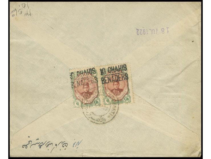 1921, "10 CHAHIS/BENADERS" on 6 ch., horizontal pair, tied to reverse of commercial cover from Boushir to England