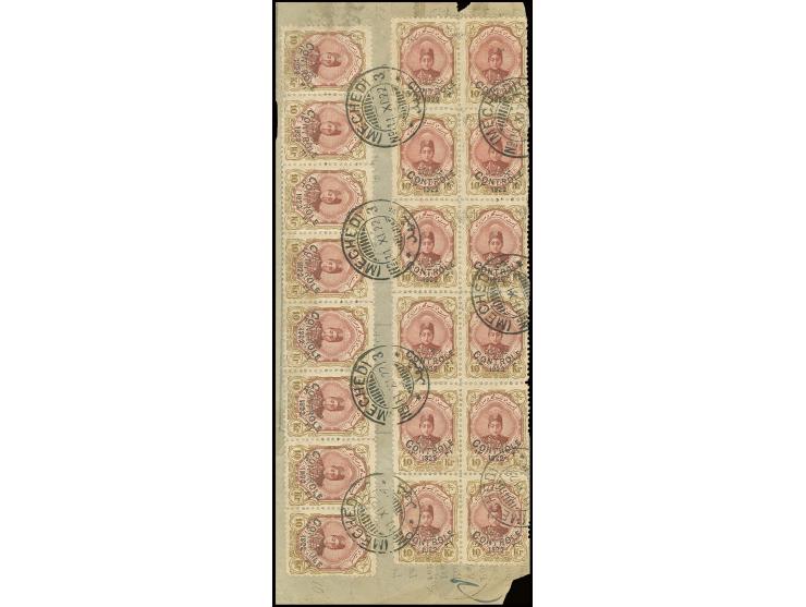 1922, CONTROLE 10 kr., 21 copies in multiples with 2 ch. and 2 kr. (3), tied to front and reverse of Barnameh from Meched to 