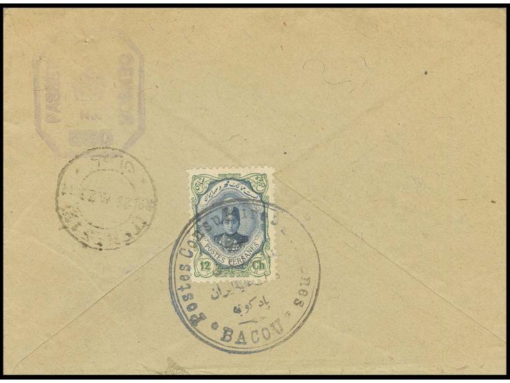 "BACOU Postes Consulaires Persanes", clear strike on Ahmed Schah 12 ch. on reverse of envelope to Teheran, opened on 2 sides,