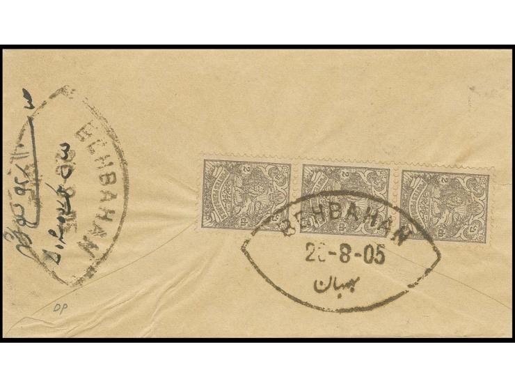 "BEHBAHAN 26-8-05", shield cancel on strip of 3 lion 2 ch. grey on reverse of cover
