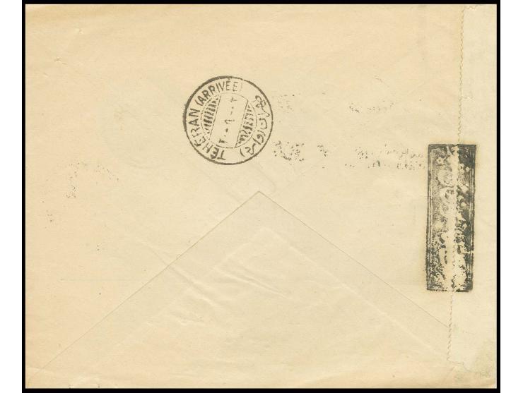 "Censored by Recht Military", clear negative censor mark on white censor label on unfranked cover from Recht to Teheran, very