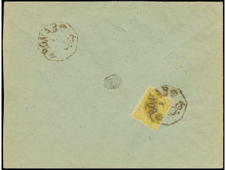 "BONAB 8/..", clear fancy octagonal postmark on 1897, 5 ch. yellow without handstamp on reverse of envelope to Tauris with ad