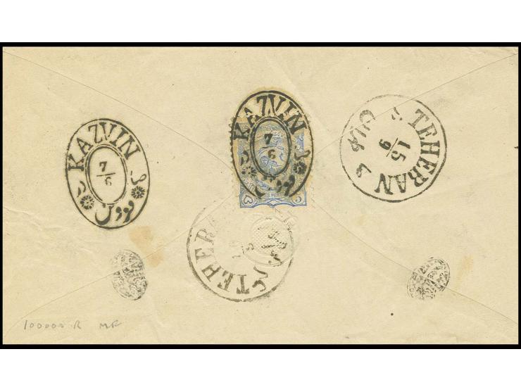 "KAZVIN 7/6", oval dater clear on lion 5 ch. ultramarine on reverse of cover to Hamadan, fine and scarce