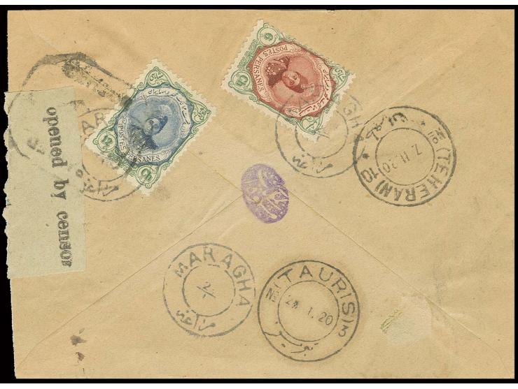 "MARAGHA", cds. on Ahmed Schah 6 ch. and 12 ch. on reverse of censored registered cover with front side boxed "RECOM" to Hama