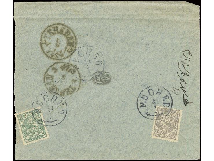 "MECHED 21/4", cds. in blue on lion 2 ch. grey and 3 ch. green on reverse of cover to Ispahan, unrecorded in blue