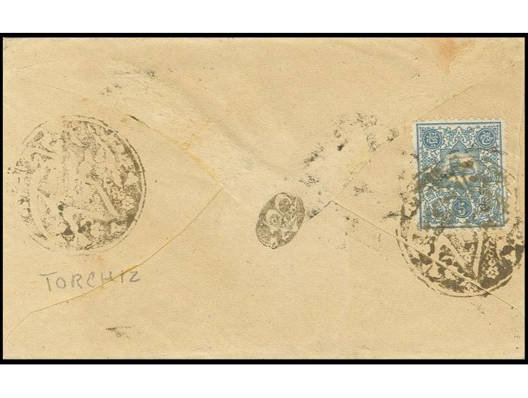 "TORCHIZ", negative seal on 1885, 5 ch. blue on reverse of small cover with additional strike alonside, to Meched, fine