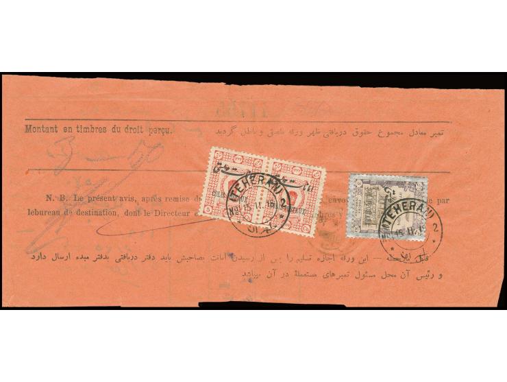 PARCEL STAMPS: 1915, coronation 5 ch. in pair and 3 kr. tied to Barnameh from Teheran to Koum