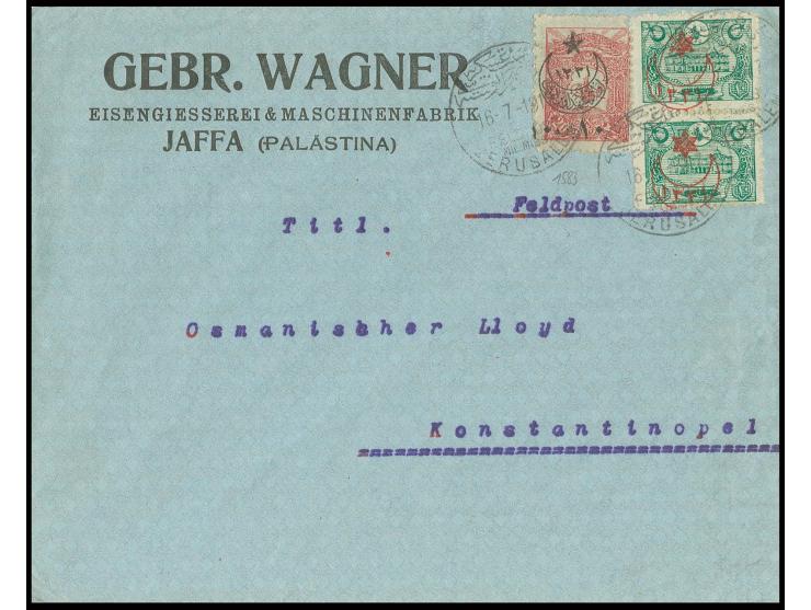 "JERUSALEM 16-7-1917", three clear strikes on cover franked by Turkey 1915 10p. green vertical pair and 1916 20 p. rose  to C