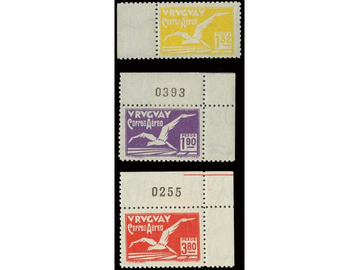 1928, Airmail 1,52-3,80 p., 1,52 p. unused, the other 2 stamps unmounted mint from the upper right sheet corner with hinge in
