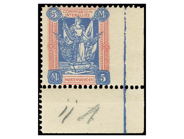 1920, 5 M. aus der rechten unteren Bogenecke, rechts ungezähnt, postfrisch, unsigniert, Bleistziftnotiz auf dem Unterrand, se