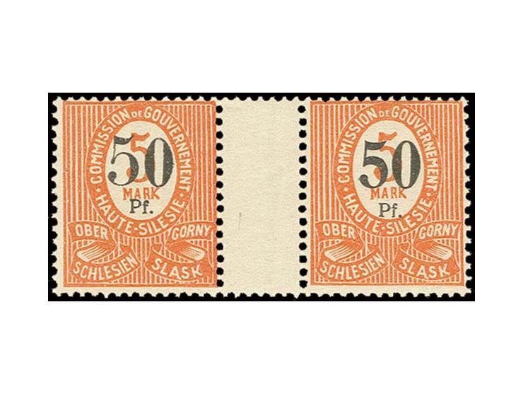 1920, 50 Pfg. auf 5 M. im waagerechten Zwischenstegpaar der Typen Va und IIa, postfrisch in einwandfreier Erhaltung, die rech