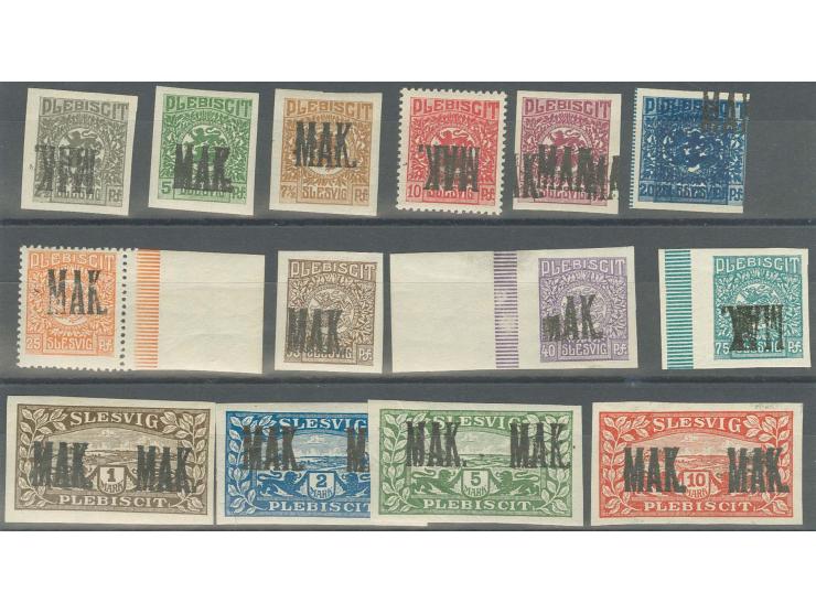 1920, 2 1/2 Pfg.-10 M. kpl., bis auf 10 und 25 Pfg. ungezähnt, alle mit Aufdruck "MAK.", teils kopfstehend bzw. doppelt, unge