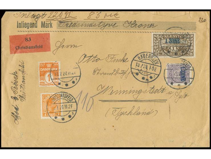 1. Zone 1 Kr. mit 40 Ö. und Dänemark 1 Ö. und 7 Ö., alle mit Stempel "CHRISTIANSFELD 13.7.20" auf Wertbrief nach Wenningstedt