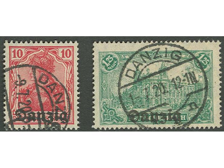 1920, Aufdruck "Danzig": 10 Pfg. rotkarmin und 1,25 M. bläulichgrün, sauber gestempelt, Kurzbefund bzw. Befund Soecknick BPP