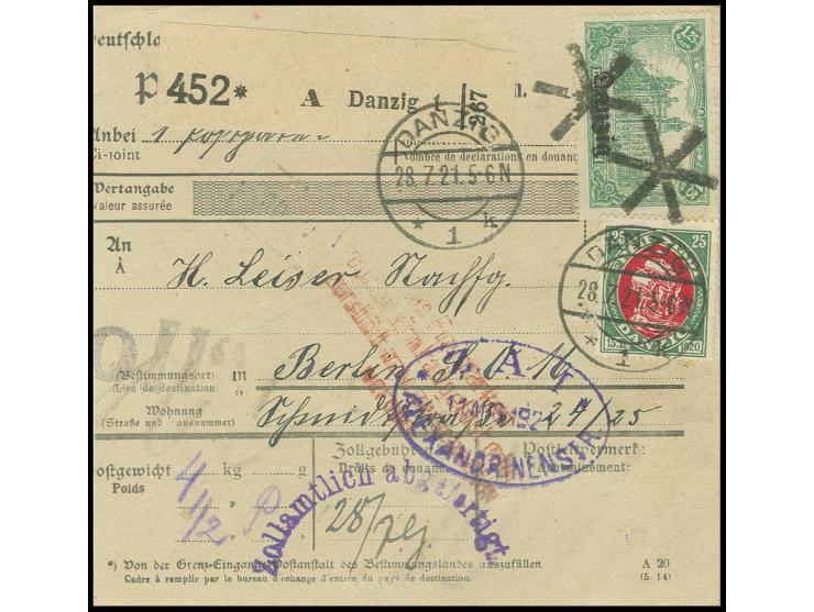 1,25 M. (3) und Flugpost 25 Pfg. vorder- und rückseitig auf Paketkarte von "DANZIG 28.7.21" nach Berlin