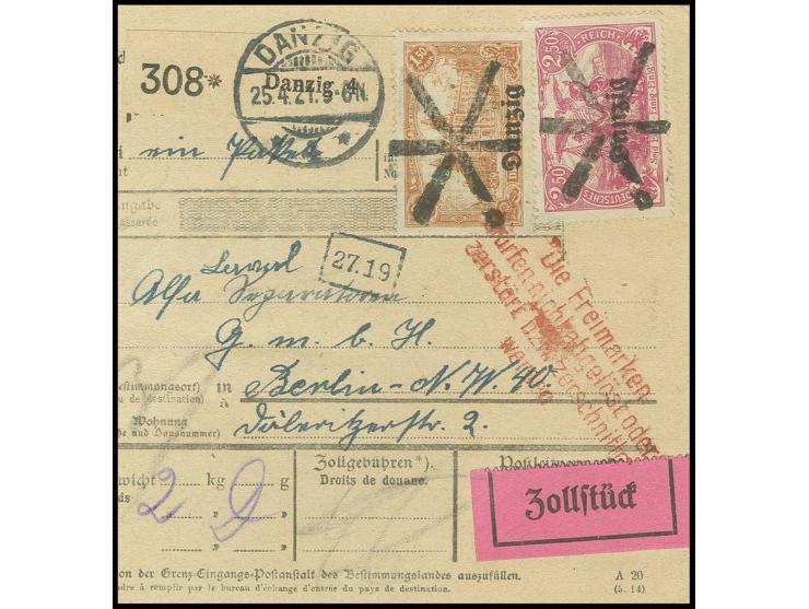 1,50 und 2,50 M. mit Korkstempel auf Paketkarte von "DANZIG 25.4.21" nach Berlin